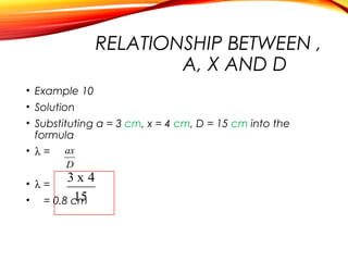 RELATIONSHIP BETWEEN ,
A, X AND D
• Example 10
• Solution
• Substituting a = 3 cm, x = 4 cm, D = 15 cm into the
formula
• λ = ax
D

3x4

• λ=
15
• = 0.8 cm

 