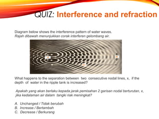 QUIZ: Interference and refraction
Diagram below shows the interference pattern of water waves.
Rajah dibawah menunjukkan corak interferen gelombang air. 

What happens to the separation between  two  consecutive nodal lines, x,  if the
depth  of  water in the ripple tank is increased? 
 Apakah yang akan berlaku kepada jarak pemisahan 2 garisan nodal berturutan, x,
 jika kedalaman air dalam  tangki riak meningkat? 
A.  Unchanged / Tidak berubah  
B.  Increase / Bertambah 
C.  Decrease / Berkurang 

 