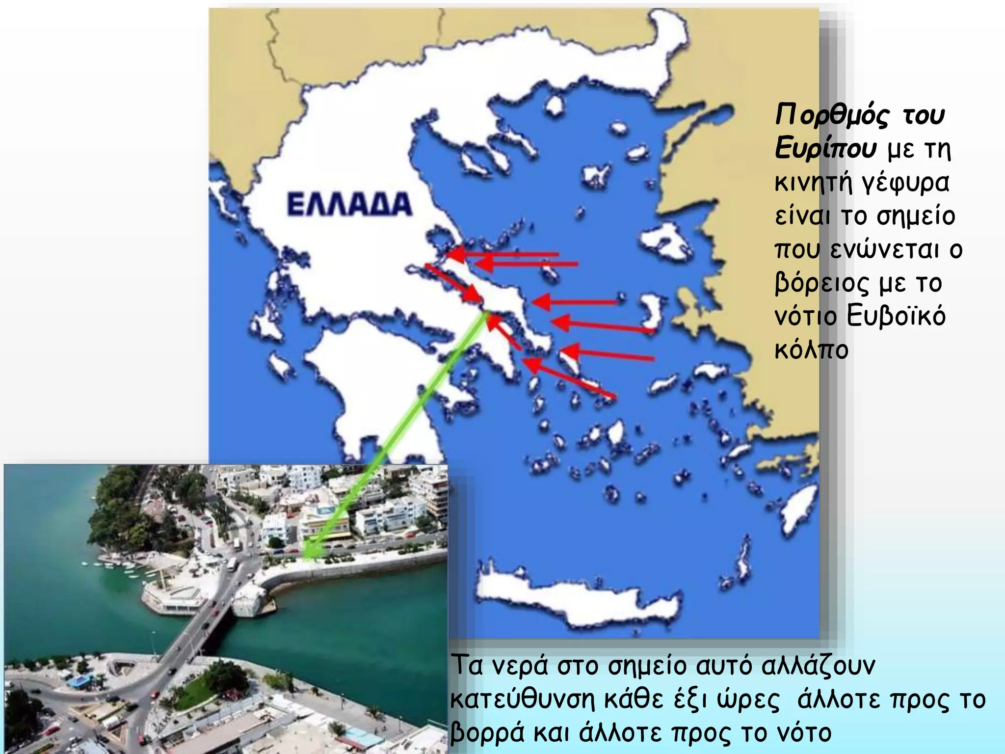 Πορθμός του
Ευρίπου με τη
κινητή γέφυρα
είναι το σημείο
που ενώνεται ο
βόρειος με το
νότιο Ευβοϊκό
κόλπο

Τα νερά στο σημείο αυτό αλλάζουν
κατεύθυνση κάθε έξι ώρες άλλοτε προς το
βορρά και άλλοτε προς το νότο

 