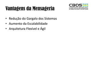 Vantagens da Mensageria
• Redução do Gargalo dos Sistemas
• Aumento da Escalabilidade
• Arquitetura Flexível e Ágil

 