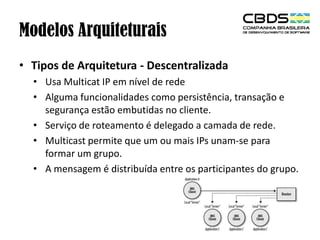 Modelos Arquiteturais
• Tipos de Arquitetura - Descentralizada
• Usa Multicat IP em nível de rede
• Alguma funcionalidades como persistência, transação e
segurança estão embutidas no cliente.
• Serviço de roteamento é delegado a camada de rede.
• Multicast permite que um ou mais IPs unam-se para
formar um grupo.
• A mensagem é distribuída entre os participantes do grupo.

 