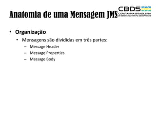 Anatomia de uma Mensagem JMS
• Organização
• Mensagens são divididas em três partes:
– Message Header
– Message Properties
– Message Body

 