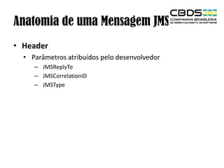 Anatomia de uma Mensagem JMS
• Header
• Parâmetros atribuídos pelo desenvolvedor
– JMSReplyTo
– JMSCorrelationID
– JMSType

 
