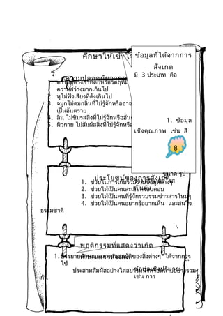 ข้อ นนะครั ากการ
ศึก ษาให้เ ข้า ใจก่อ มูล ที่ไ ด้จบ
สัง เกต

มี 3 ประเภท คือ

ความปลอดภัย จากการสัง เกต

1. ตาไม่ดูดวงอาทิตย์หรือวัตถุที่มี
ความสว่างมากเกินไป
2. หูไม่ฟังเสียงที่ดังเกินไป
3. จมูกไม่ดมกลิ่นที่ไม่รู้จักหรืออาจจะ
เป็นอันตราย
4. ลิ้น ไม่ชิมรสสิ่งที่ไม่รู้จักหรืออันตราย
1. ข้อ มูล
5. ผิวกาย ไม่สัมผัสสิ่งที่ไม่รู้จักหรืออันตราย
เชิง คุณ ภาพ เช่น สี

8

ธรรมชาติ

1.
2.
3.
4.

ขนาด รูป
ช่วยในการเก็บรวมรวมข้อมูลต่างๆ
เป็ดรอบคอบ
ช่วยให้เป็นคนละเอียนต้น
ช่วยให้เป็นคนที่รู้จักรวบรวมข่าวสารใหม่ๆ
ช่วยให้เป็นคนอยากรู้อยากเห็น และสนใจ

ประโยชน์ข องการสังผิว รส
ร่าง กลิ่น เกต

พฤติก รรมที่แ สดงว่า เกิด

กัน

1. บรรยายลักษณะและคุณสมบัติของสิ่งต่างๆ ได้จากการ
ทัก ษะการสัง เกต
2.
ใช้
ข้อ มูล เชิง ปริม าณ
ประสาทสัมผัสอย่างใดอย่างหนึ่งหรือหลายอย่างรวม
เช่น การ

 