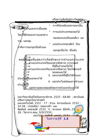 หรือความสัมพันธ์ย่างใดอย่าง

หนึ่งก็ได้ เช่น
เนื้อเดียวกันและสารเนื้อผสม
โดยใช้ลักษณะความแตกต่าง
รวม ผลกลุ่ม
อาศัยการออกลูกเป็นตัวและ

* การที่นักเคมีแบ่งสารออกเป็น
* การแบ่งประเภทของผลไม้
ของดอกแบ่งเป็นผลเดี่ยว ผล
* แบ่งประเภทของสัตว์ โดย
ออกลูกเป็นไข่ เป็นต้น

พฤติก รรมที่แ สดงว่า เกิด ทัก ษะการจำา แนกประเภท

1. จำาแนกประเภทหรือแบ่งพวกสิ่งต่างๆ จากเกณฑ์
ที่ผู้อื่นกำาหนดให้ได้
2. จำาแนกประเภทหรือแบ่งพวกสิ่งต่างๆ โดยใช้เกณฑ์
ของตนเองได้
3. บอกเกณฑ์ที่ผอื่นใช้จำาแนก
ู้
ประเภทหรือแบ่งพวกได้
4. บอกประโยชน์ของการจำาแนก
ประเภทได้
5. บอกความหมายของทักษะการจำาแนกประเภทได้

(มหาวิทยาลัยสุโขทัยธรรมาธิราช. 2525 : 68-80 ; สถาบันส่ง
เสริมการสอนวิทยาศาสตร์
และเทคโนโลยี. 2531 : 17 ; จำานง พรายแย้มแข. 2533 :
34-38 ; วรรณทิพา รอดแรงค้า และ
พิมพันธ์ เดชะคุปต์. 2532 : V ; พวงทอง มีมั่งคั่ง. 2537 :
1
28 ; วิชาการ.คอม. 9/9/2550 :
ออนไลน์ ; สรศักดิ์ แพรดำา. 2544 : 110)
0

ใบความรู้ท ี่ 1.3

 