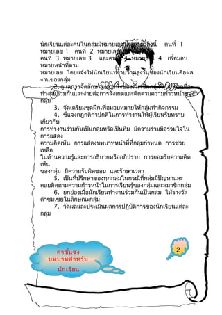 นักเรียนแต่ละคนในกลุ่มมีหมายเลขประจำาตัวดังนี้ คนที่ 1
หมายเลข 1 คนที่ 2 หมายเลข 2
คนที่ 3 หมายเลข 3 และคนที่ 4 หมายเลข 4 เพื่อมอบ
หมายหน้าที่ตาม
หมายเลข โดยแจ้งให้นักเรียนทราบว่าผลงานของนักเรียนคือผล
งานของกลุ่ม
2. ดูแลการจัดลักษณะการนั่งของสมาชิกกลุ่มให้สะดวกที่จะ
ทำางานร่วมกันและง่ายต่อการสังเกตและติดตามความก้าวหน้าของ
กลุ่ม
3. จัดเตรียมชุดฝึกเพื่อมอบหมายให้กลุ่มทำากิจกรรม
4. ชี้แจงกฎกติกาปกติในการทำางานให้ผู้เรียนรับทราบ
เกี่ยวกับ
การทำางานร่วมกันเป็นกลุ่มหรือเป็นทีม มีความร่วมมือร่วมใจใน
การแสดง
ความคิดเห็น การแสดงบทบาทหน้าที่ที่กลุ่มกำาหนด การช่วย
เหลือ
ในด้านความรู้และการอธิบายหรืออภิปราย การยอมรับความคิด
เห็น
ของกลุ่ม มีความรับผิดชอบ และรักษาเวลา
5. เป็นที่ปรึกษาของทุกกลุ่มในกรณีที่กลุ่มมีปัญหาและ
คอยติดตามความก้าวหน้าในการเรียนรู้ของกลุ่มและสมาชิกกลุ่ม
6. ยกย่องเมื่อนักเรียนทำางานร่วมกันเป็นกลุ่ม ให้รางวัล
คำาชมเชยในลักษณะกลุ่ม
7. วัดผลและประเมินผลการปฏิบัติการของนักเรียนแต่ละ
กลุ่ม

คำา ชี้แ จง
บทบาทสำา หรับ
นัก เรียน

2

 