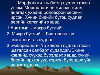 Морфологи нь бүтэц судлал гэсэн
үг юм. Морфологи нь жилээс жилд
анагаах ухаанд боловсрон хөгжиж
ирсэн. Хүний биеийн бүтэц судлал
өөрийн хөгжлийн явцад
1.Анатоми – макро бүтцийг
2. Микро бүтцийг - Гистологи- эд,
цитологи- эс судлал
3.Эмбериологи- Үр хөврөл судлал гэсэн
шаталсан салбарт судалдаг./Эхийн
хэвлийд хүүхэд бүрэлдэх явцад хүний
биеийн эрхтэнүүд хэрхэн бүрэлдэх үйл
явцыг судлах/

 