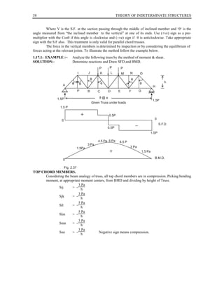 58

THEORY OF INDETERMINATE STRUCTURES

Where V is the S.F. at the section passing through the middle of inclined member and ‘θ‘ is the
angle measured from “the inclined member to the vertical” at one of its ends. Use (+ve) sign as a premultiplier with the Cosθ if this angle is clockwise and (−ve) sign if θ is anticlockwise. Take appropriate
sign with the S.F also. This treatment is only valid for parallel chord trusses.
The force in the vertical members is determined by inspection or by considering the equilibrium of
forces acting at the relevant joints. To illustrate the method follow the example below.
1.17.1: EXAMPLE :−
SOLUTION:-

Analyze the following truss by the method of moment & shear.
Determine reactions and Draw SFD and BMD.
P
I

P

K

J

P
L

M

N

O
h

A

H
P

B

D

C

E

F

G

8@a

1.5P

1.5P

Given Truss under loads
1.5 P
0.5P

0

0

S.F.D.
0.5P
1.5 P
4.5 Pa 5 Pa
3 Pa
1.5Pa

4.5 P
3 Pa
1.5 Pa

0

B.M.D.

Fig. 2.37

TOP CHORD MEMBERS.
Considering the beam analogy of truss, all top chord members are in compression. Picking bending
moment, at appropriate moment centers, from BMD and dividing by height of Truss.
3 Pa
Sij
= −
h
3 Pa
Sjk
= −
h
5 Pa
Stl
= −
h
5 Pa
Slm
= −
h
3 Pa
Smn
= −
h
3 Pa
Sno
= −
Negative sign means compression.
h

 