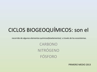 CICLOS BIOGEOQUÍMICOS: son el
recorrido de algunos elementos químicos(bioelementos) a través de los ecosistemas.

CARBONO
NITRÓGENO
FÓSFORO
PRIMERO MEDIO 2013

 