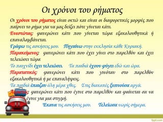 Οι χρόνοι του ρήματος
Οι χρόνοι του ρήματος είναι οκτώ και είναι οι διαφορετικές μορφές που
παίρνει το ρήμα για να μας δείξει πότε γίνεται κάτι.
Ενεστώτας: φανερώνει κάτι που γίνεται τώρα εξακολουθητικά ή
επαναλαμβάνεται.
Γράφω τις ασκήσεις μου. Πηγαίνω στην εκκλησία κάθε Κυριακή.
Παρακείμενος: φανερώνει κάτι που έχει γίνει στο παρελθόν και έχει
τελειώσει τώρα
Σο παιχνίδι έχει τελειώσει. Σα παιδιά έχουν φύγει εδώ και ώρα.
Παρατατικός: φανερώνει κάτι που γινόταν στο παρελθόν
εξακολουθητικά ή με επαναλήψεις.
Σα παιδιά έπαιζαν όλη μέρα χθες. ΢τις διακοπές ξυπνούσα αργά.
Αόριστος: φανερώνει κάτι που έγινε στο παρελθόν και φαίνεται σα να
έγινε για μια στιγμή.
Έκανα τις ασκήσεις μου. Σελείωσα νωρίς σήμερα.

 