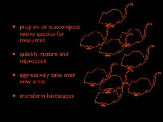 •

prey on or outcompete
native species for
resources

•

quickly mature and
reproduce

•

aggressively take over
new areas

•

transform landscapes

 