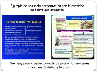 Ejemplo de una mala presentación por la cantidad
de texto que presenta.

Los animales vertebrados.

Son muy poco visuales además de presentar una gran
colección de datos y hechos.

 