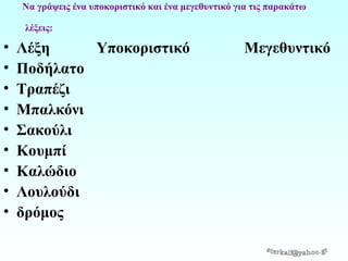 Να γράψεις ένα υποκοριστικό και ένα μεγεθυντικό για τις παρακάτω
λέξεις:

•
•
•
•
•
•
•
•
•

Λέξη
Υποκοριστικό
Ποδήλατο
Τραπέζι
Μπαλκόνι
Σακούλι
Κουμπί
Καλώδιο
Λουλούδι
δρόμος

Μεγεθυντικό

 