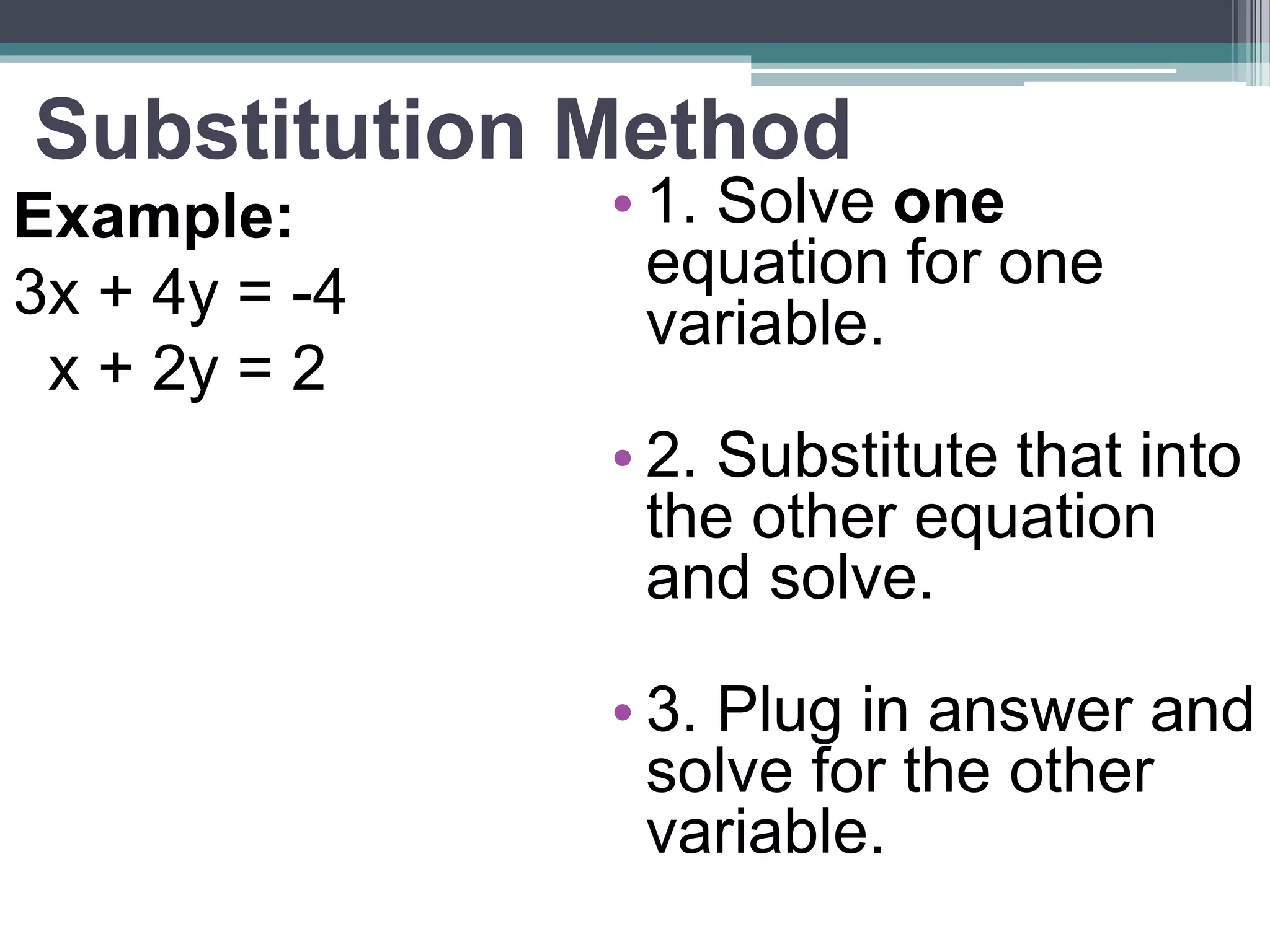 Substitution Method 
Example: 
3x + 4y = -4 
x + 2y = 2 
• 1. Solve one 
equation for one 
variable. 
• 2. Substitute that into 
the other equation 
and solve. 
• 3. Plug in answer and 
solve for the other 
variable. 
 