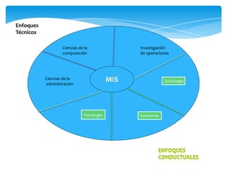 Enfoques
Técnicos
Ciencias de la
computación

Investigación
de operaciones

MIS

Ciencias de la
administración

Psicología

Sociología

Economía

 