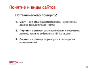 Понятие и виды сайтов
По техническому принципу:
1. Сайт — все страницы расположены на основном
домене (site.com/page1.html)
2. Портал — страницы расположены как на основном
домене, так и на субдоменах (dir1.site.com)
3. Сервис — страницы формируются по запросам
пользователей.

23

 