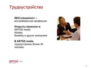 Трудоустройство
SEO-специалист –
востребованная профессия
Открыты вакансии в:
ARTOX media
Abiatec
Seobility и других компаниях
В ARTOX media
трудоустроены более 30
человек

7

 