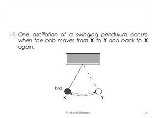 19. One oscillation of a swinging pendulum occurs
when the bob moves from X to Y and back to X
again.
Unit and Measure 104
 