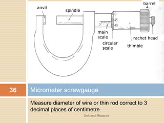 Unit and Measure 36
MEASUREMENT TECHNIQUES
DESCRIBE HOW TO MEASURE A VARIETY OF LENGTH WITH APPROPRITATE
ACCURACY USING TAPES, RULES, MICORMETERS AND CALIPERS
 