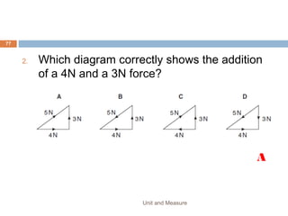 1. A metre rule is used to measure a length.
2. Which reading is shown to the nearest millimetre?
A. 0.7 m
B. 0.76 m
C. 0.761 m
D. 0.7614 m
Unit and Measure 77
 
