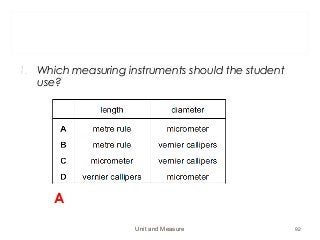 1. Which measuring instruments should the student
use?
Unit and Measure 92
A
 