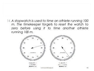 14.A stopwatch is used to time an athlete running 100
m. The timekeeper forgets to reset the watch to
zero before using it to time another athlete
running 100 m.
Unit and Measure 95
 