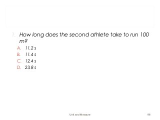 1. How long does the second athlete take to run 100
m?
A. 11.2 s
B. 11.4 s
C. 12.4 s
D. 23.8 s
Unit and Measure 96
 