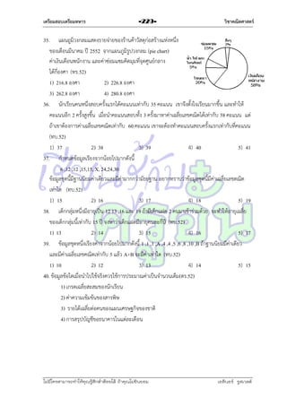 เตรียมสอบเตรียมทหาร

-229-

วิชาคณิตศาสตร์

35. แผนถูมิวงกลมแสดงรำยจ่ำยของร้ำนค้ำวัสดุก่อสร้ำงแห่งหนึ่ง
ของเดือนมีนำคม ปี 2552 จำกแผนภูมิรูปวงกลม (pie chart)
ค่ำเงินเดือนพนักงำน และค่ำซ่อมแซมคิดมุมที่จุดศูนย์กลำง
ได้กี่องศำ (ทร.52)
1) 216.8 องศำ
2) 226.8 องศำ
3) 262.8 องศำ
4) 280.8 องศำ
36. นักเรียนคนหนึ่งสอบครั้งแรกได้คะแนนเท่ำกับ 35 คะแนน เขำจึงตั้งใจเรียนมำกขึ้น และทำให้
คะแนนอีก 2 ครั้งสูงขึ้น เมื่อนำคะแนนสอบทั้ง 3 ครั้งมำหำค่ำเฉลี่ยเลขคณิตได้เท่ำกับ 58 คะแนน แต่
ถ้ำเขำต้องกำรค่ำเฉลี่ยเลขคณิตเท่ำกับ 60 คะแนน เขำจะต้องทำคะแนนสอบครั้งแรกเท่ำกับที่คะแนน
(ทบ.52)
1) 37
2) 38
3) 39
4) 40
5) 41
37. กำหนดข้อมูลเรียงจำกน้อยไปมำกดังนี้
6 ,12 ,12 ,15,15, X, 24,24,30
ข้อมูลชุดนี้มีฐำนนิยมค่ำเดียวและมีค่ำมำกกว่ำมัธยฐำน อยำกทรำบว่ำข้อมูลชุดนี้มีค่ำเฉลี่ยเลขตณิต
เท่ำใด (ทบ.52)
1) 15
2) 16
3) 17
4) 18
5) 19
38. เด็กกลุ่มหนึ่งมีอำยุเป็น 12 13 ,16 และ 19 ถ้ำมีเด็กแฝด 2 คนมำเข้ำร่วมด้วย จะทำให้อำยุเฉลี่ย
ของเด็กกลุ่มนี้เท่ำกับ 15 ปี จงหำว่ำเด็กแฝดมีอำยุคนละกี่ปี (ทบ.52)
1) 13
2) 14
3) 15
4) 16
5) 17
39. ข้อมูลชุดหนึ่งเรียงค่ำจำกน้อยไปมำกดังนี้ 1 ,1 ,1 ,A ,4 ,4 ,5 ,6 ,8 ,10 ,B ถ้ำฐำนนิยมมีค่ำเดียว
และมีค่ำเฉลี่ยเลขคณิตเท่ำกับ 5 แล้ว A+B จะมีค่ำเท่ำใด (ทบ.52)
1) 10
2) 12
3) 13
4) 14
5) 15
40. ข้อมูลข้อใดเมื่อนำไปใช้จริงควรใช้กำรประมำณค่ำเป็นจำนวนเต็ม(ตร.52)
1) เกรดเฉลี่ยสะสมของนักเรียน
2) ค่ำควำมเข้มข้นของสำรพิษ
3) รำยได้เฉลี่ยต่อคนของแผนเศรษฐกิจของชำติ
4) กำรสรุปบัญชีขอธนำคำรในแต่ละเดือน

ไม่มีใครสามารถท่าให้คุณรู้สึกตาต้อยได้ ถ้าคุณไม่ยินยอม
่

เอลีนอร์ รูสเวลต์

 