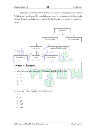 เตรียมสอบเตรียมทหาร

วิชาคณิตศาสตร์

-56-

เมื่อทรำบจำนวนตรรกยะและจำนวนอตรรกยะมำแล้ว จำนวนตรรกยะและจำนวนอตรรกยะต่ำง
ก็เป็นจำนวนจริง และจำนวนจริงใด ๆ จะเป็นจำนวนตรรกยะหรือจำนวนอตรรกยะอย่ำงใดอย่ำงหนึ่ง
เท่ำนั้น ต่อไปจะเป็นแผนผังซึ่งแสดงควำมสัมพันธ์เกี่ยวข้องกันระหว่ำงจำนวนขนิดต่ำง ๆ ที่เคยเรียน
มำแล้ว
จำนวนจริง

จำนวนตรรกยะ

จำนวนเต็ม

จำนวนเต็มบวก

จำนวนอตรรกยะ

เศษส่วนที่ไม่ใช่จำนวนเต็ม

ศูนย์

จำนวนเต็มลบ

ตัวอย่างข้อสอบ
1. ผลต่ำงของ ค.ร.น. และ ห.ร.ม. ของ
1) 45
2) 75
3) 105
4) 115
2. ค่ำของ 4  2
1) 2
2) 3
3) 3
4) 2 3
5) 3 3

3  42 3

4

50,625 และ 14,400 มีค่ำเท่ำใด (ทร.49)

เท่ำกับข้อใด (ทบ.49)

ไม่มีใครสามารถท่าให้คุณรู้สึกตาต้อยได้ ถ้าคุณไม่ยินยอม
่

เอลีนอร์ รูสเวลต์

 