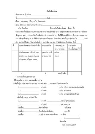 บันทึกข้ อความ
ส่ วนราชการ โรงเรี ยน..................................................................
ที่........................................................................วันที่...............................................................
เรื่ อง รายงานขอ ( ) ซื้ อ ( / )จ้าง ถ่ายเอกสาร
เรี ยน ผูอานวยการสถานศึกษาโรงเรี ยน.............................................
้
ด้วย โรงเรี ยน....................................................มีความจาเป็ นที่จะต้อง ( ) ซื้ อ ( /) จ้าง
่
ถ่ายเอกสารเพื่อใช้ประกอบการเรี ยนการสอน โดยวิธีตกลงราคา ตามระเบียบสานักนายกรัฐมนตรี วาด้วยการ
พัสดุ พ.ศ. พ.ศ. 2535 และที่แก้ไขเพิ่มเติม ข้อ 19 และข้อ 39 ซึ่งได้รับอนุมติเงินงบประมาณจากแผนงาน
ั
จัดการศึกษาขั้นพื้นฐาน (ค่าใช้จ่ายรายหัว) งาน/โครงการ จัดการศึกษาขั้นพื้นฐาน จานวนเงิน.................บาท
กาหนดเวลาที่ตองการใช้ภายในวันที่ 31 เดือน มีนาคม พ.ศ. 2548 มีรายละเอียดพัสดุ ดังนี้
้
ที่
รายละเอียดพัสดุที่จะขอซื้ อ/จ้าง จานวนหน่วย ราคามาตรฐาน
จานวนเงิน
หรื อราคากลาง
ที่ขอซื้ อ/จ้างครั้งนี้
1
จ้างถ่ายเอกสาร เพื่อใช้สาเนา (ตามจานวนที่ แผ่นละ .......
เอกสารในการปฏิบติงานและ ถ่ายเอกสาร)
ั
สตางค์
ประกอบการเรี ยนการสอน

(
)
รวมเป็ นเงิน
จึงเรี ยนมาเพื่อโปรดพิจารณา
1.ให้ความเห็นชอบในรายงานขอซื้ อ/ขอจ้าง
2.แต่งตั้งผูตรวจรับ/ คณะกรรมการ ( )ตรวจรับพัสดุ ( )ตรวจการจ้าง ประกอบด้วย
้
2.1............................................ ตาแหน่ง
ระดับ ประธานกรรมการ/ผูตรวจรับ
้
2.2............................................ ตาแหน่ง
ระดับ กรรมการ
2.3........................................... ตาแหน่ง
ระดับ กรรมการสถานศึกษา
3.แต่งตั้งผูควบคุมงานจ้าง(ถ้ามี)
้
3.1........................................... ตาแหน่ง................................หัวหน้าผูควบคุมงาน
้
3.2........................................... ตาแหน่ง.................................ผูควบคุมงาน
้
(ลงชื่อ)....................................เจ้าหน้าที่พสดุ
ั
- เห็นชอบ
(ลงชื่อ)....................................หัวหน้าเจ้าหน้าที่พสดุ
ั
- อนุมติ
ั
(ลงชื่อ)....................................รองผูอานวยการสถานศึกษา (ลงชื่อ)...............................
้
(..................................)
ตาแหน่ง....................................
วันที่ 1 ตุลาคม 2547

 