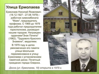Улица Ермолаева
Ермолаев Николай Яковлевич
(18.12.1927 - 27.08.1979) работник химкомбината
"Маяк", председатель
профкома. С 1969 до 1979
года работал председателем
горисполкома, руководил
нашим городом. Награжден
орденами"Знак Почета"
(1962), "Трудового Красного
Знамени", медалями.
В 1979 году в целях
увековечения его памяти
улица Школьная
переименована в улицу
Ермолаева с установлением
памятной доски. Почетный
гражданин города Озерска.
Доска (ул. Ермолаева, 18) открыта в 1979 г.

 