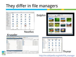 They differ in file managers
Dolphin

Nautilus
Krusader

Thunar
http://en.wikipedia.org/wiki/File_manager

 
