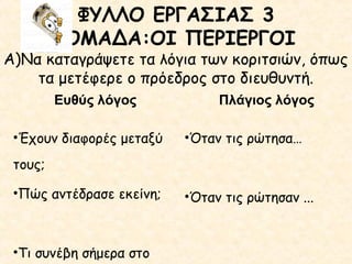 ΦΥΛΛΟ ΕΡΓΑΣΙΑΣ 3
ΟΜΑΔΑ:ΟΙ ΠΕΡΙΕΡΓΟΙ

Α)Να καταγράψετε τα λόγια των κοριτσιών, όπως
τα μετέφερε ο πρόεδρος στο διευθυντή.
Ευθύς λόγος
•Έχουν διαφορές μεταξύ

Πλάγιος λόγος
•Όταν τις ρώτησα…

τους;
•Πώς αντέδρασε εκείνη;

•Τι συνέβη σήμερα στο

•Όταν τις ρώτησαν ...

 
