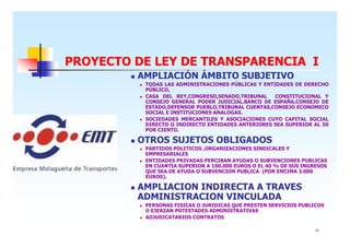 PROYECTO DE LEY DE TRANSPARENCIA I
AMPLIACIÓN ÁMBITO SUBJETIVO
TODAS LAS ADMINISTRACIONES PÚBLICAS Y ENTIDADES DE DERECHO
PÚBLICO,
CASA DEL REY,CONGRESO,SENADO,TRIBUNAL
CONSTITUCIONAL Y
CONSEJO GENERAL PODER JUDICIAL.BANCO DE ESPAÑA,CONSEJO DE
ESTADO,DEFENSOR PUEBLO,TRIBUNAL CUENTAS,CONSEJO ECONOMICO
SOCIAL E INSTITUCIONES ANALOGAS.
SOCIEDADES MERCANTILES Y ASOCIACIONES CUYO CAPITAL SOCIAL
DIRECTO O INDIRECTO ENTIDADES ANTERIORES SEA SUPERIOR AL 50
POR CIENTO.

OTROS SUJETOS OBLIGADOS
PARTIDOS POLITICOS ,ORGANIZACIONES SINDICALES Y
EMPRESARIALES
ENTIDADES PRIVADAS PERCIBAN AYUDAS O SUBVENCIONES PUBLICAS
EN CUANTIA SUPERIOR A 100.000 EUROS O EL 40 % DE SUS INGRESOS
QUE SEA DE AYUDA O SUBVENCION PUBLICA (POR ENCIMA 3.000
EUROS).

AMPLIACION INDIRECTA A TRAVES
ADMINISTRACION VINCULADA
PERSONAS FISICAS O JURIDICAS QUE PRESTEN SERVICIOS PUBLICOS
O EJERZAN POTESTADES ADMINISTRATIVAS
ADJUDICATARIOS CONTRATOS
11

 