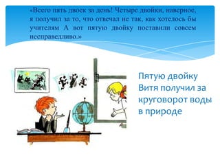 «Всего пять двоек за день! Четыре двойки, наверное,

я получил за то, что отвечал не так, как хотелось бы
учителям А вот пятую двойку поставили совсем
несправедливо.»

Пятую двойку
Витя получил за
круговорот воды
в природе

 