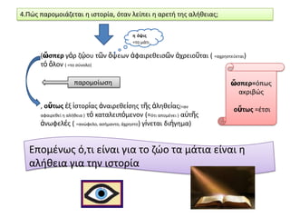 4.Πϊσ παρομοιάηεται θ ιςτορία, όταν λείπει θ αρετι τθσ αλικειασ;
θ όψισ
=το μάτι

(ὥςπερ γάρ ηῴου τῶν ὄψεων ἀφαιρεκειςῶν ἀχρειοῦται ( =αχρθςτεφεται)
τό ὅλον ( =το ςφνολο)
παρομοίωςθ
, οὕτωσ ἐξ ἱςτορίασ ἀναιρεκείςθσ τῆσ ἀλθκείασ(=αν
αφαιρεκεί θ αλικεια ) τό καταλειπόμενον (=ότι απομζνει ) αὐτῆσ
ἀνωφελέσ ( =ανϊφελο, αςιμαντο, άχρθςτο) γίνεται διήγθμα)

ὥςπερ=όπωσ
ακριβϊσ
οὕτωσ =ζτςι

Επομζνωσ ό,τι είναι για το ηϊο τα μάτια είναι θ
αλικεια για τθν ιςτορία

 