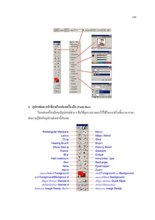 159

3. อุปกรณ์ และหน้ าทีภายในกล่ องเครื่องมือ (Tools Box)
่
ในกล่องเครื่ องมือจะมีอุปกรณ์ต่าง ๆ ซึ่ งได้ถูกรวบรวมเอาไว้ใช้ในการสร้างชิ้นงาน เรามา
ั
ทาความรู ้จกกับอุปกรณ์เหล่านี้กนเลย
ั

 