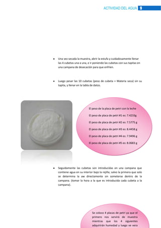 ACTIVIDAD DEL AGUA 9

Una vez secada la muestra, abrir la estufa y cuidadosamente llenar
las 4 cubetas una a una, e ir poniendo las cubetas con sus tapitas en
una campana de desecación para que enfríen.

Luego pesar las 10 cubetas (peso de cubeta + Materia seca) sin su
tapita, y llenar en la tabla de datos.

El peso de la placa de petri con la leche
El peso de placa de petri #1 es: 7.4233g
El peso de placa de petri #2 es: 7.5775 g
El peso de placa de petri #3 es: 8.4458 g
El peso de placa de petri #4 es: 7.9496 g
El peso de placa de petri #5 es: 8.0683 g

Seguidamente las cubetas son introducidas en una campana que
contiene agua en su interior bajo la rejilla; salvo la primera que solo
se determina la aw directamente sin someterse dentro de la
campana. (tomar la hora a la que es introducida cada cubeta a la
campana).

Se coloco 4 placas de petri ya que el
primero nos servirá de muestra
mientras que los 4 siguientes
adquirirán humedad y luego ve vera

 