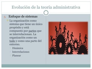 Evolución de la teoría administrativa
5. Enfoque de sistemas


La organización como
sistema que tiene un único
propósito y está
compuesto por partes que
se interrelacionan. La
organización como un
todo y como una parte del
entorno.




Dinámica
Interrelaciones
Planear

 