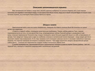 Описание запомнившегося отрывка:
Мне запомнился тот момент, когда Таня с Колей старались выбраться из сильного бурана, хоть и всё хорошо
кончилось (их подобрал поисковый отряд), но всё равно Таню было жалко, ведь она в такой сильный буран не только сама
пыталась выжить, но и вытащить Колю (своего брата) на нартах.

Отзыв о книге:
Замечательная книга, мне она очень понравилась. Наверное эту повесть полезно было бы почитать не только
детям, но и взрослым.
«Повесть о первой любви» посвящена нравственным проблемам. Первая любовь девочки Тани, горькие
переживания ее из-за того, что она растет без отца, непреодоленная любовь Таниной матери к уехавшему от нее
мужу, сложные переживания Таниного отца, поздно понявшего, каких больших радостей лишил он себя, устранившись от
дочери. Таня предстает перед нами в один из наиболее сложных в человеческой жизни периодов – когда уходит детство и
наступает первая пора возмужания. В эту пору человека часто посещают неясные мысли и начинают появляться странные
желания. Это смутное томление воплощено в названии повести – Тане вдруг захотелось увидеть австралийскую дикую
собаку Динго... Сложные эти переживания создают особую поэтичность образа Тани.
С особой правдивостью, проникновенностью и поэтичностью показана в повести первая Танина любовь – весь ее
трудный путь, начиная от туманных предчувствий и непонятных настроений.

15

 