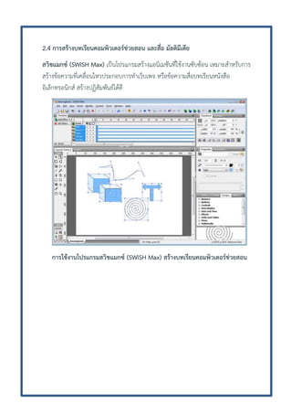 2.4 การสร้างบทเรียนคอมพิวเตอร์ช่วยสอน และสื่อ มัลติมีเดีย
สวิชแมกซ์ (SWiSH Max) เป็นโปรแกรมสร้างแอนิเมชันที่ใช้งานซับซ้อน เหมาะสาหรับการ
สร้างข้อความที่เคลื่อนไหวประกอบการทาเว็บเพจ หรือข้อความสื่อบทเรียนหนังสือ
อิเล็กทรอนิกส์ สร้างปฏิสัมพันธ์ได้ดี

การใช้งานโปรแกรมสวิชแมกซ์ (SWiSH Max) สร้างบทเรียนคอมพิวเตอร์ช่วยสอน

 