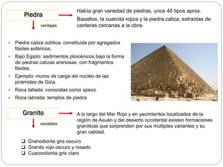 Piedra
ventajas

Había gran variedad de piedras, unos 40 tipos aprox.
Basaltos, la cuarcita rojiza y la piedra caliza, extraídas de
canteras cercanas a la obra.



Piedra caliza oolítica: constituida por agregados
fósiles esféricos.



Bajo Egipto: sedimentos pliocénicos bajo la forma
de piedras calizas arenosas, con fragmentos
fósiles.



Ejemplo: muros de carga del núcleo de las
pirámides de Giza.



Roca tallada: conocidas como speos.



Roca labrada: templos de piedra

Granito
variables

A lo largo del Mar Rojo y en yacimientos localizados de la
región de Asuán y del desierto occidental existen formaciones
graníticas que sorprenden por sus múltiples variantes y su
gran calidad.

 Granodiorita gris oscuro
 Granito rojo oscuro y rosado
 Cuarzodiorita gris claro

 