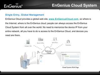 EnGenius Cloud System
Single Entry, Global Management
EnGenius Cloud provides a global web site, www.EnGeniusCloud.com, so where is
the Internet, where is the EnGenius cloud; people can always access the EnGenius
Cloud System from all over the world. No need to memorize the device IP from your
entire network, all you have to do is access to the EnGenius Cloud, and devices you
need are there.
 

EnGenius
Cloud

Cloud System Web Page

 