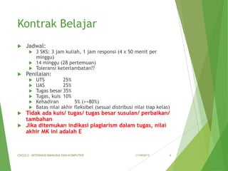 Kontrak Belajar


Jadwal:

3 SKS: 3 jam kuliah, 1 jam responsi (4 x 50 menit per
minggu)
 14 minggu (28 pertemuan)
 Toleransi keterlambatan??




Penilaian:







UTS
25%
UAS
25%
Tugas besar 35%
Tugas, kuis 10%
Kehadiran
5% (>=80%)
Batas nilai akhir fleksibel (sesuai distribusi nilai tiap kelas)

Tidak ada kuis/ tugas/ tugas besar susulan/ perbaikan/
tambahan
 Jika ditemukan indikasi plagiarism dalam tugas, nilai
akhir MK ini adalah E


CSG2C3 - INTERAKSI MANUSIA DAN KOMPUTER

11/18/2013

4

 