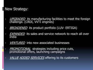 New Strategy:
-

UPGRADED its manufacturing facilities to meet the foreign

-

BROADENED its product portfolio (LUV- ERTIGA)

-

EXPANDED its sales and service network to reach all over

-

VENTURED into new associated businesses

-

PROMOTIONAL strategies including price cuts,

-

VALUE ADDED SERVICES offering to its customers

challenge. (CRDI, VVTI engines)

India

promotional offers, launching campaigns

 