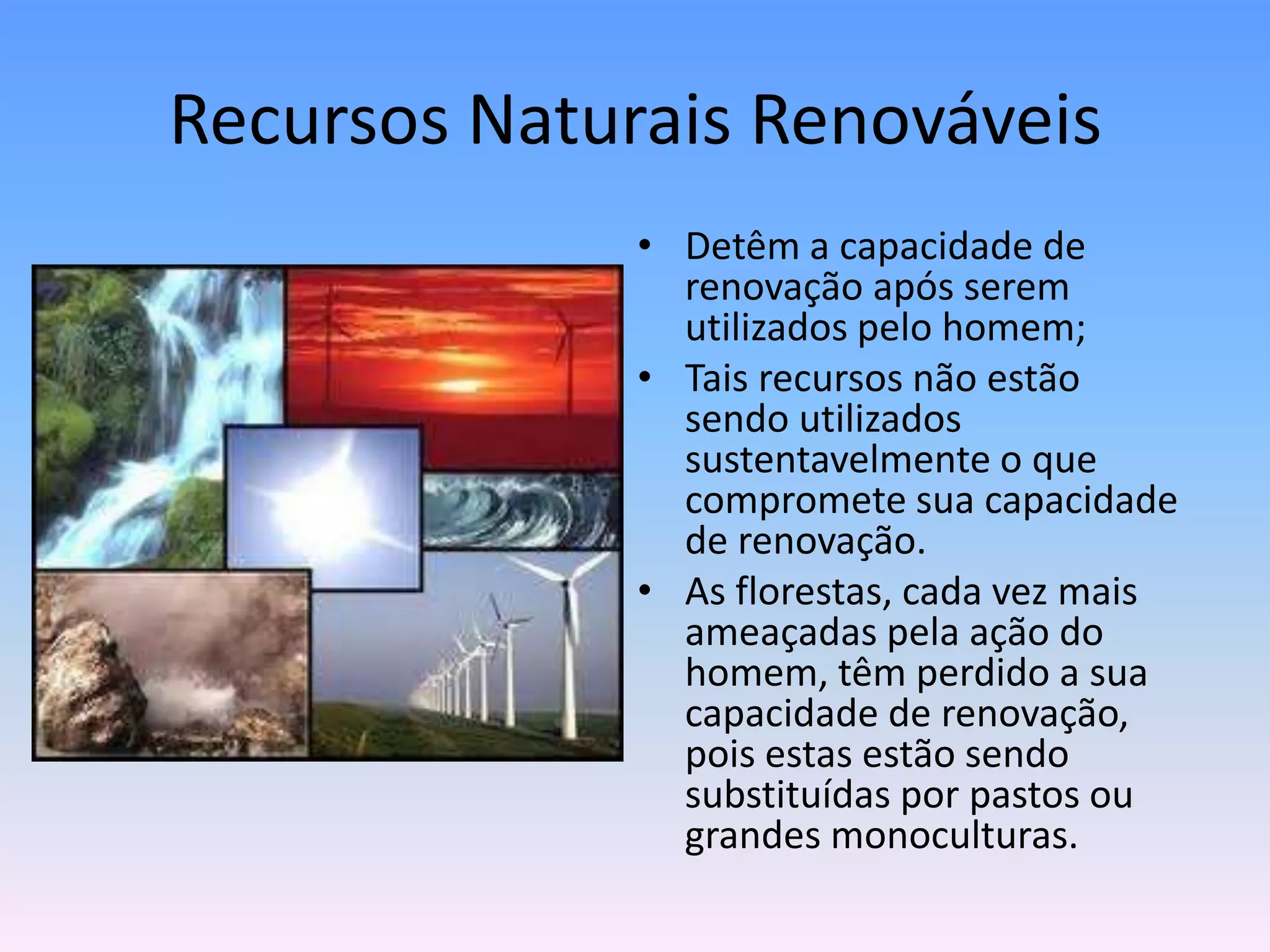 Recursos Naturais Renováveis
• Detêm a capacidade de
renovação após serem
utilizados pelo homem;
• Tais recursos não estão
sendo utilizados
sustentavelmente o que
compromete sua capacidade
de renovação.
• As florestas, cada vez mais
ameaçadas pela ação do
homem, têm perdido a sua
capacidade de renovação,
pois estas estão sendo
substituídas por pastos ou
grandes monoculturas.

 