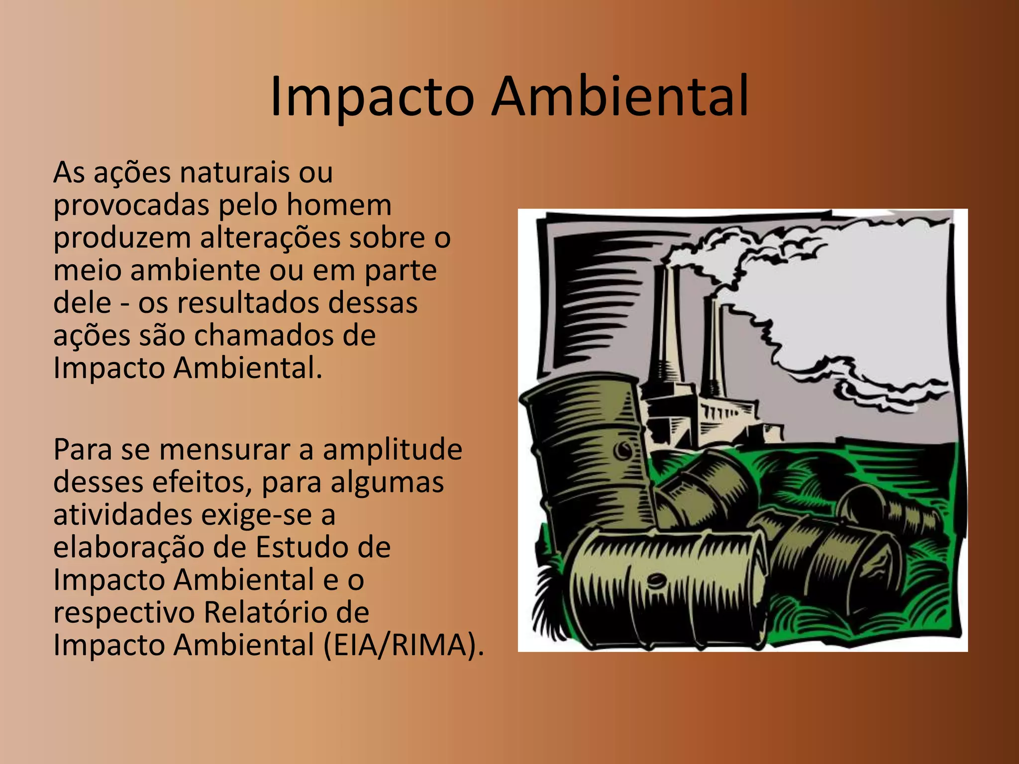 Impacto Ambiental
As ações naturais ou
provocadas pelo homem
produzem alterações sobre o
meio ambiente ou em parte
dele ‐ os resultados dessas
ações são chamados de
Impacto Ambiental.

Para se mensurar a amplitude
desses efeitos, para algumas
atividades exige‐se a
elaboração de Estudo de
Impacto Ambiental e o
respectivo Relatório de
Impacto Ambiental (EIA/RIMA).

 