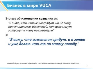 Бизнес в мире VUCA
Это все об изменении сознания от:
“Я знаю, что изменения грядут, но не вижу
потенциальных изменений, ко...
