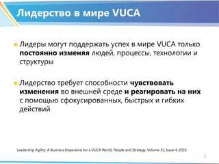 Лидерство в мире VUCA
Лидеры могут поддержать успех в мире VUCA только
постоянно изменяя людей, процессы, технологии и
стр...