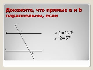 Докажите, что прямые а и b
параллельны, если
с
а

1

1=123о
2=57о

b
2

 